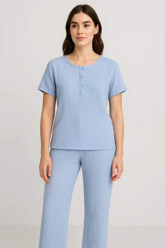 Women Casual Wear Airy Muslin CO-ORD Set Chambrey Blue